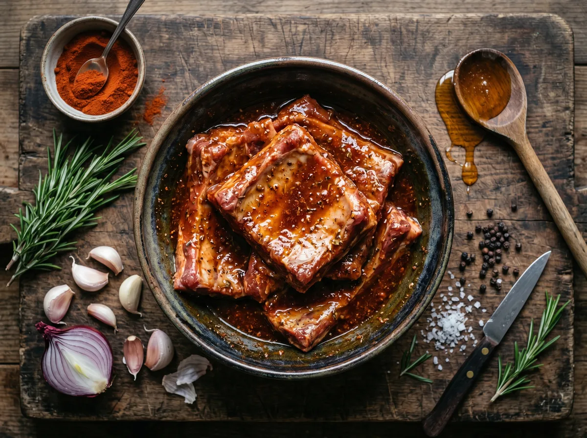 Sastojci za balkansku marinadu za roštilj — beli luk, dimljena paprika, med i ulje